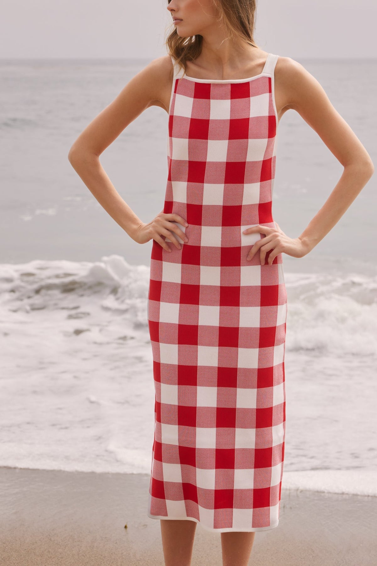 Knitted Gingham Sleeveless Fitted Midi Dress with Pockets