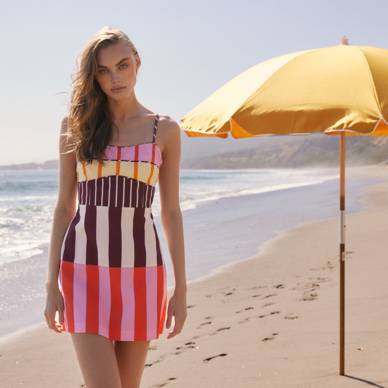 Mixed Stripe Poplin Tie Strap Smocked Back Mini Dress