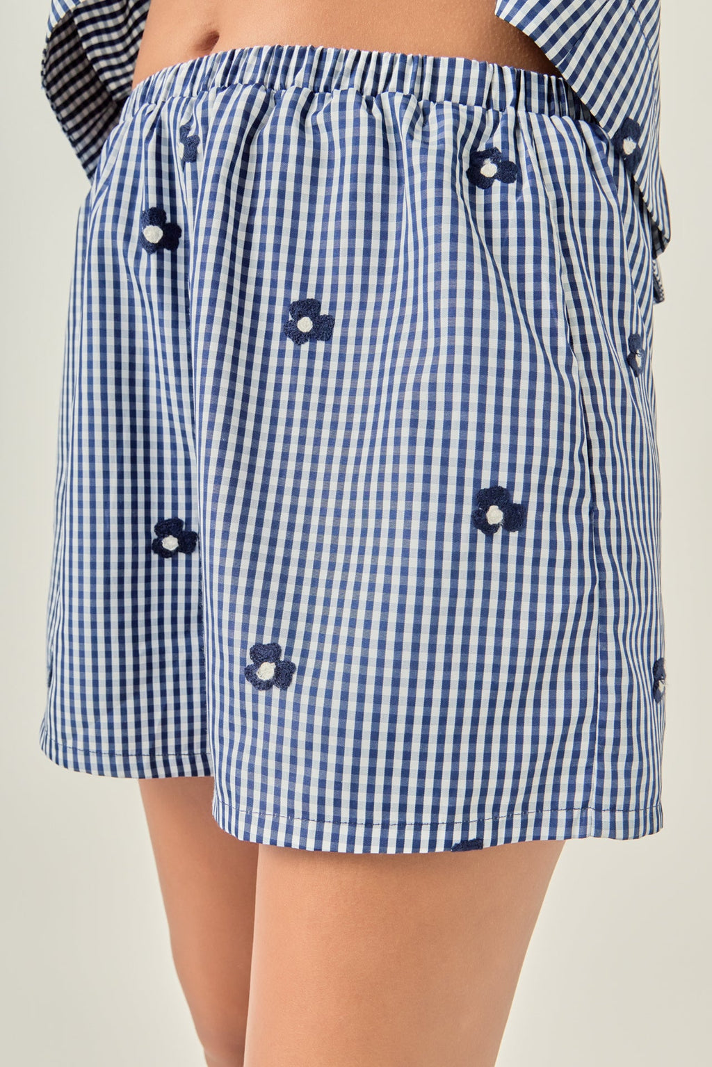 Floral Embroidered Navy Gingham Smocked Waist Shorts