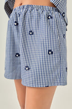 Floral Embroidered Navy Gingham Smocked Waist Shorts