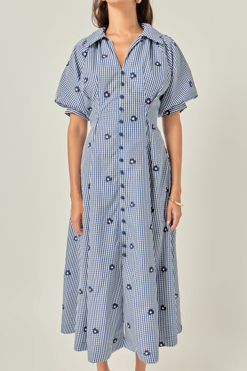 Embroidered Gingham Shirt Midi Dress