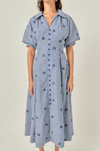Embroidered Gingham Shirt Midi Dress