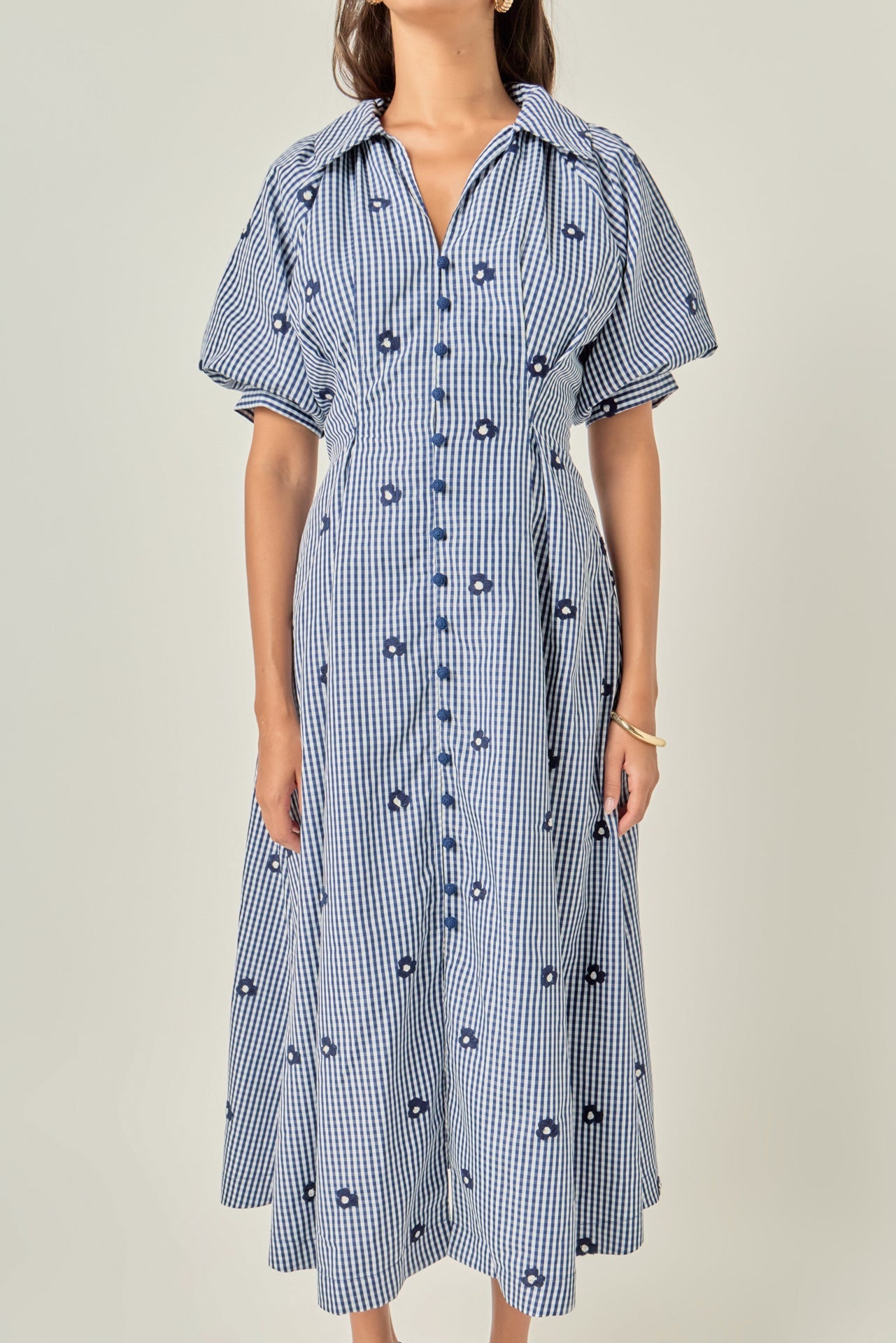 Embroidered Gingham Shirt Midi Dress