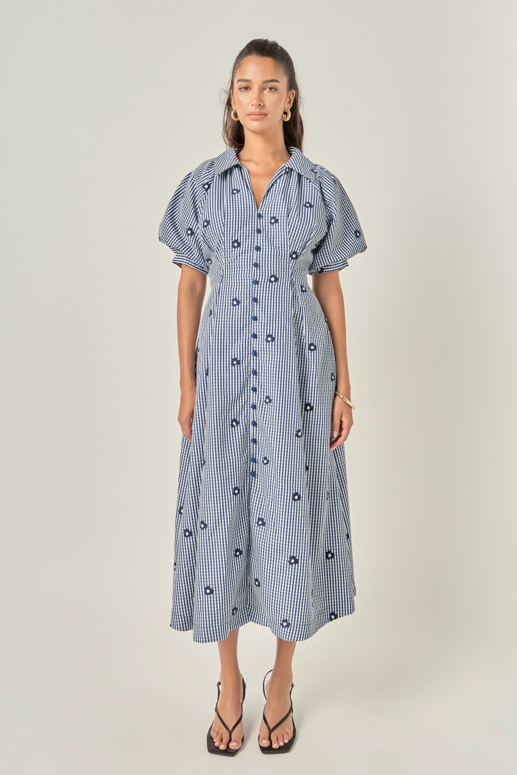 Embroidered Gingham Shirt Midi Dress