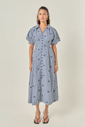 Embroidered Gingham Shirt Midi Dress