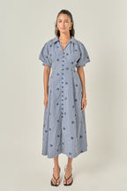 Embroidered Gingham Shirt Midi Dress