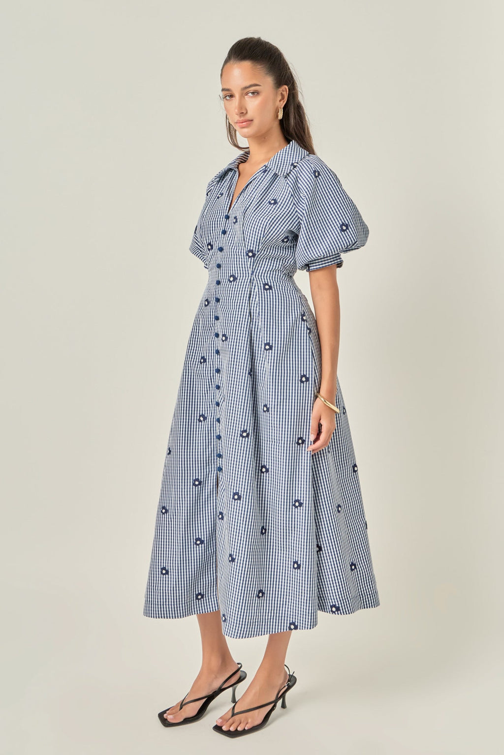 Embroidered Gingham Shirt Midi Dress