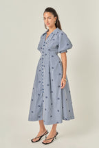Embroidered Gingham Shirt Midi Dress