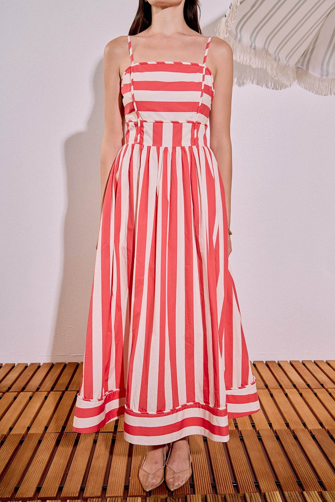 Bold Stripe Sleeveless Smocked Back Poplin Midi Dress