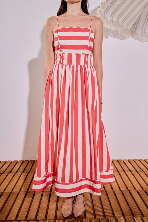 Bold Stripe Sleeveless Smocked Back Poplin Midi Dress
