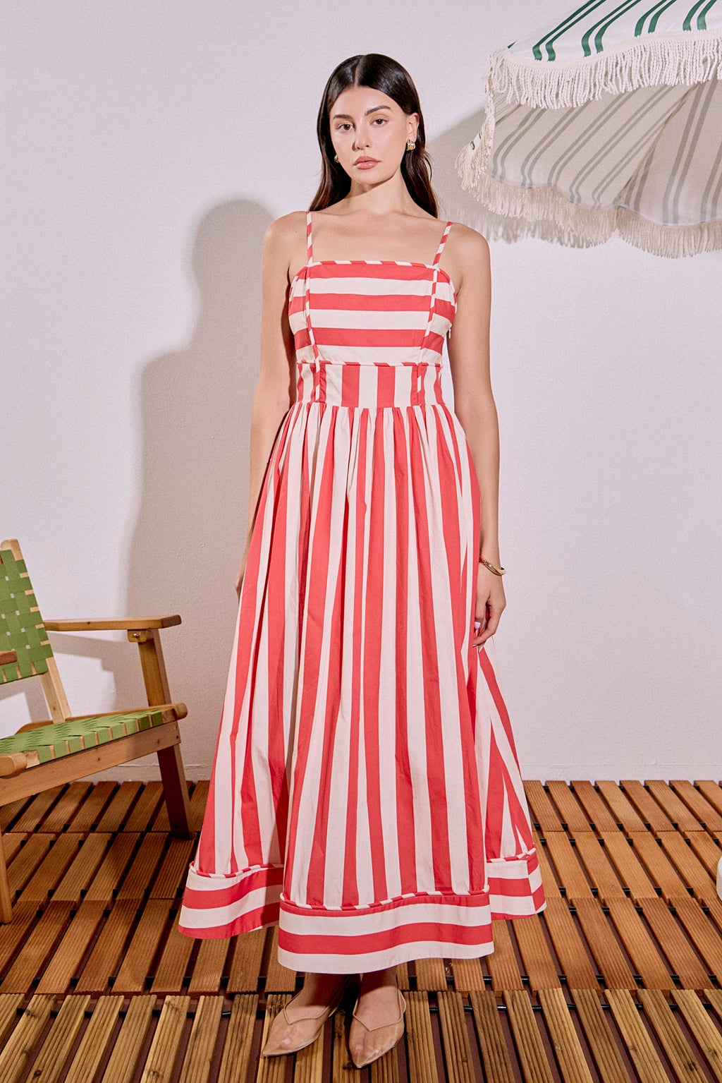 Bold Stripe Sleeveless Smocked Back Poplin Midi Dress
