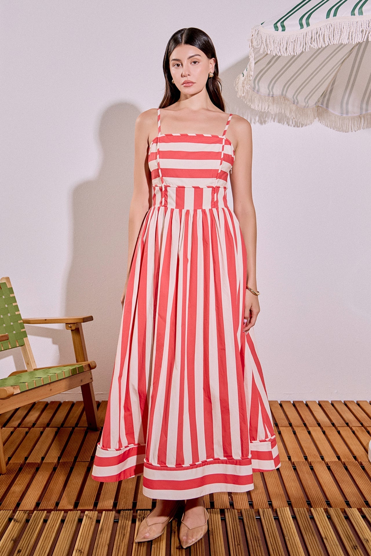 Bold Stripe Sleeveless Smocked Back Poplin Midi Dress