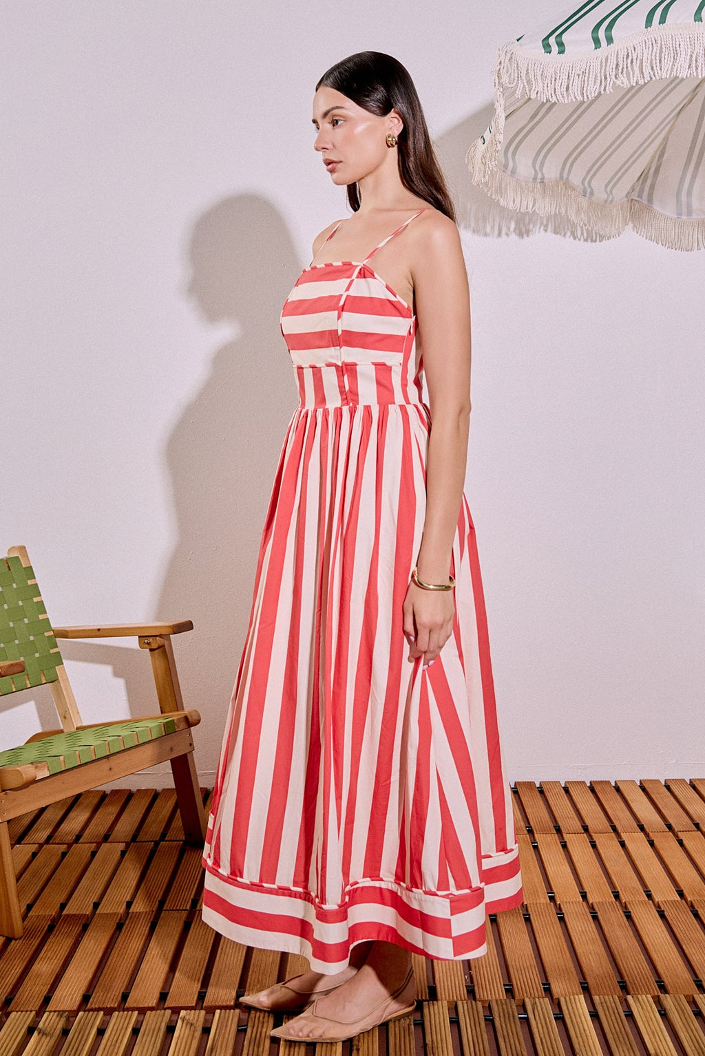 Bold Stripe Sleeveless Smocked Back Poplin Midi Dress