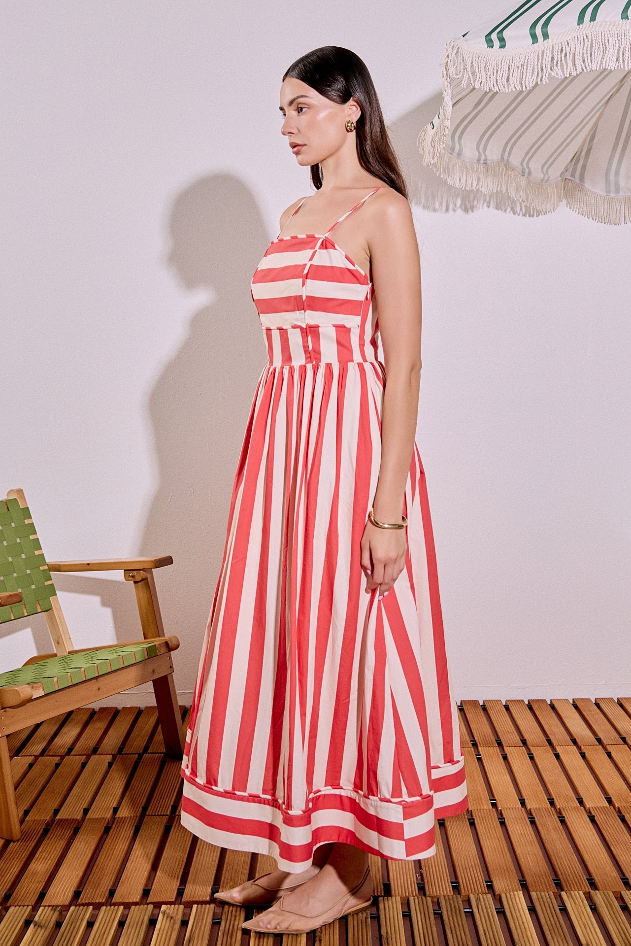 Bold Stripe Sleeveless Smocked Back Poplin Midi Dress