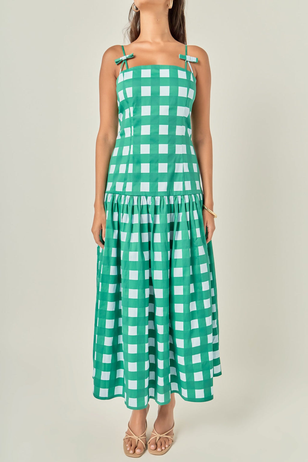 Oversized Gingham Poplin Drop Waist Bow Strap Midi Dress