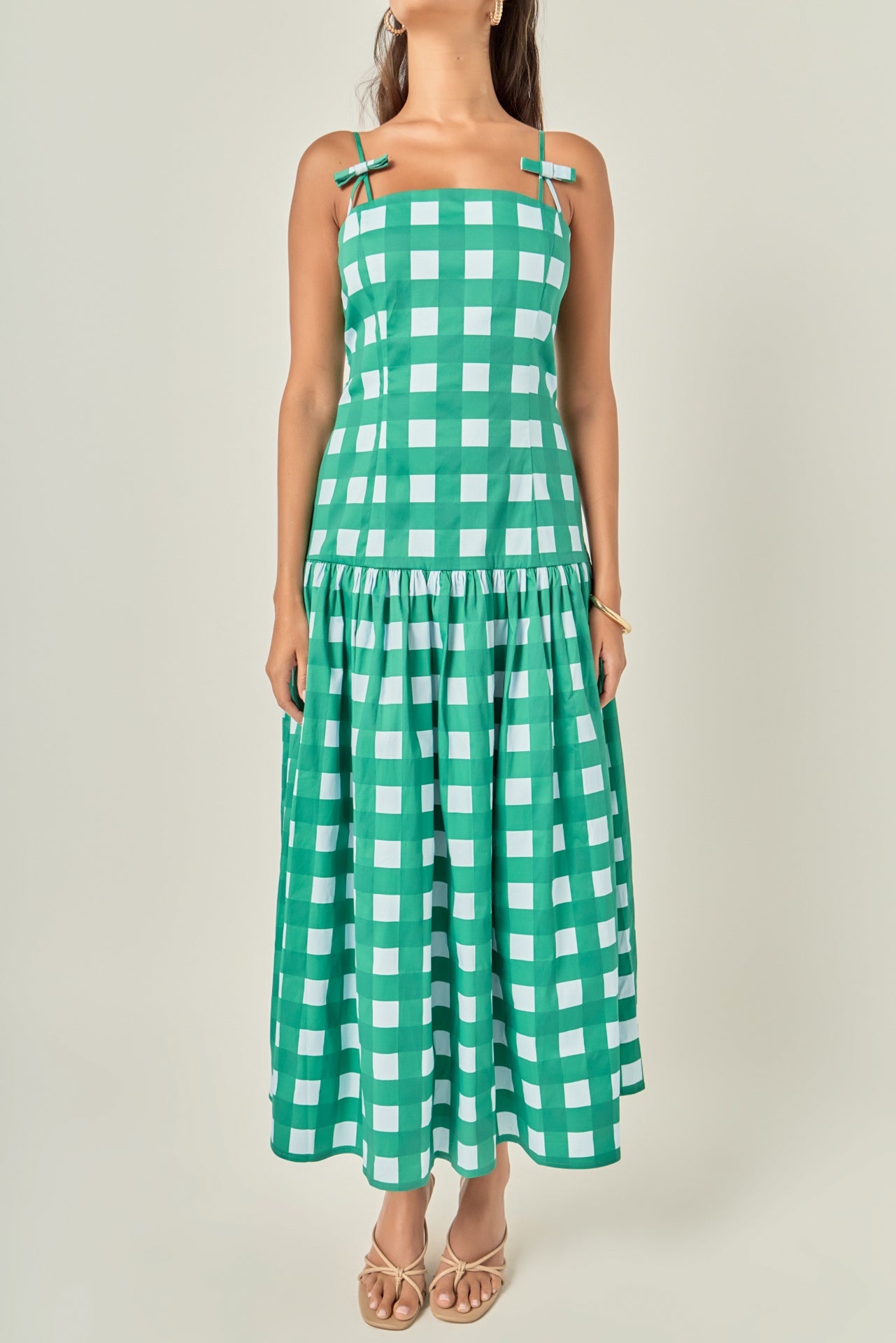 Oversized Gingham Poplin Drop Waist Bow Strap Midi Dress