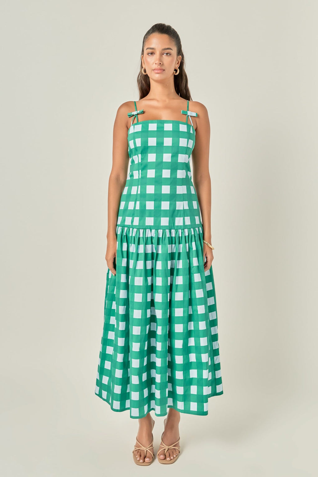Oversized Gingham Poplin Drop Waist Bow Strap Midi Dress
