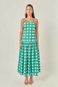 Oversized Gingham Poplin Drop Waist Bow Strap Midi Dress