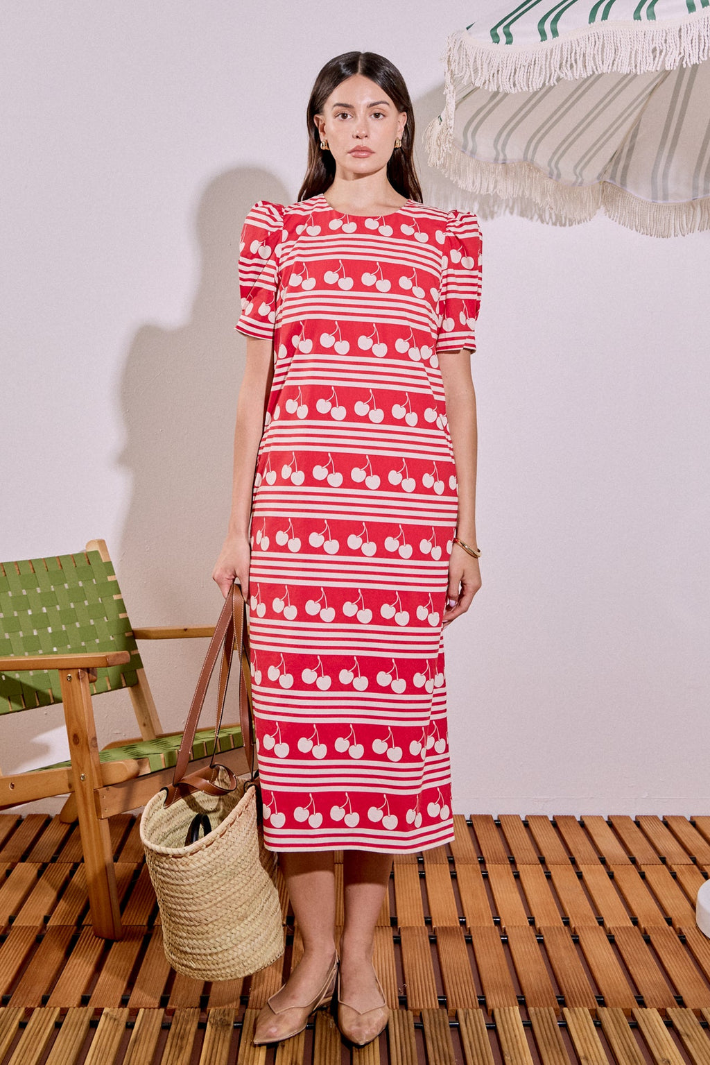 Cherry Print Cotton Poplin Puff Sleeve Midi Dress