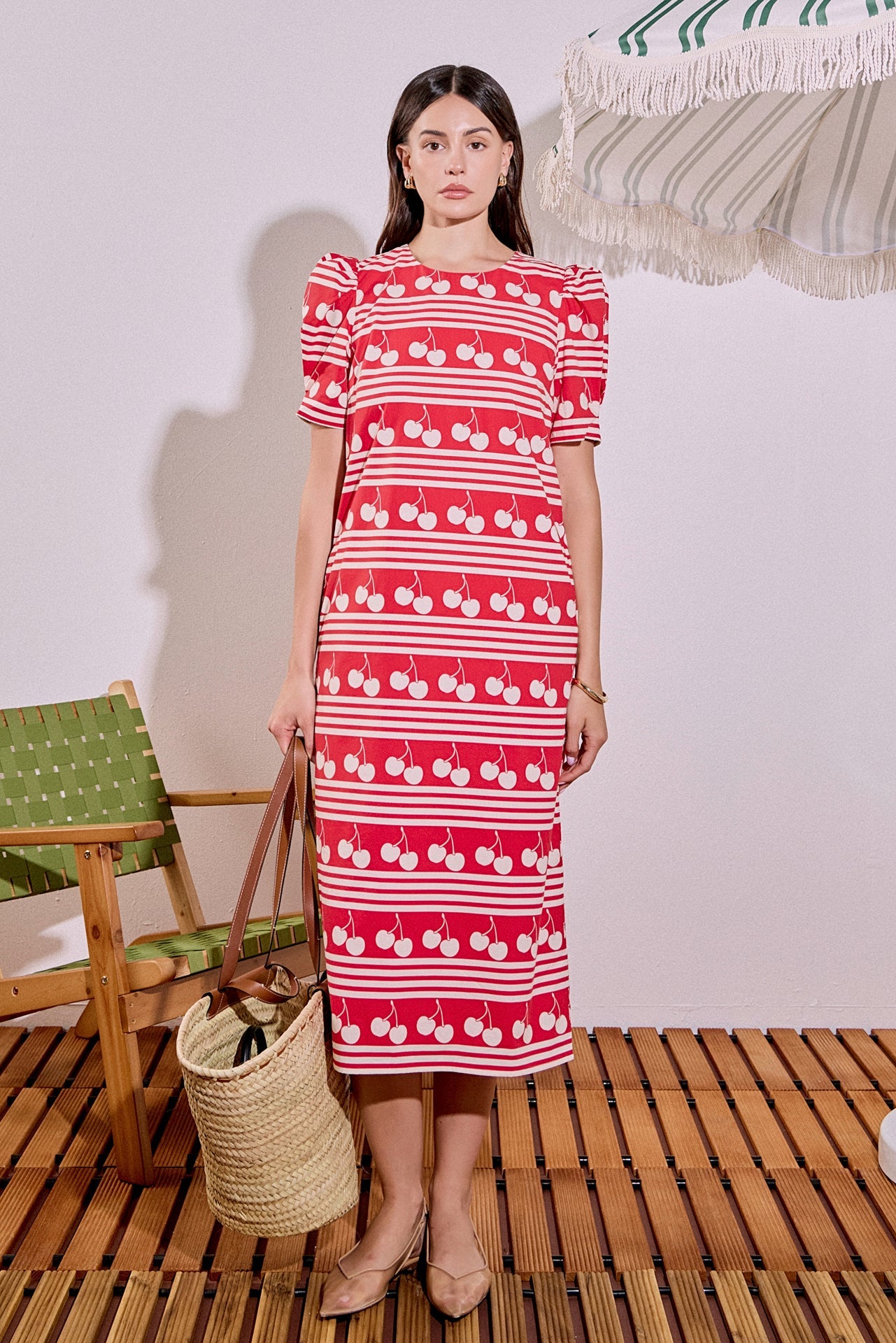 Cherry Print Cotton Poplin Puff Sleeve Midi Dress