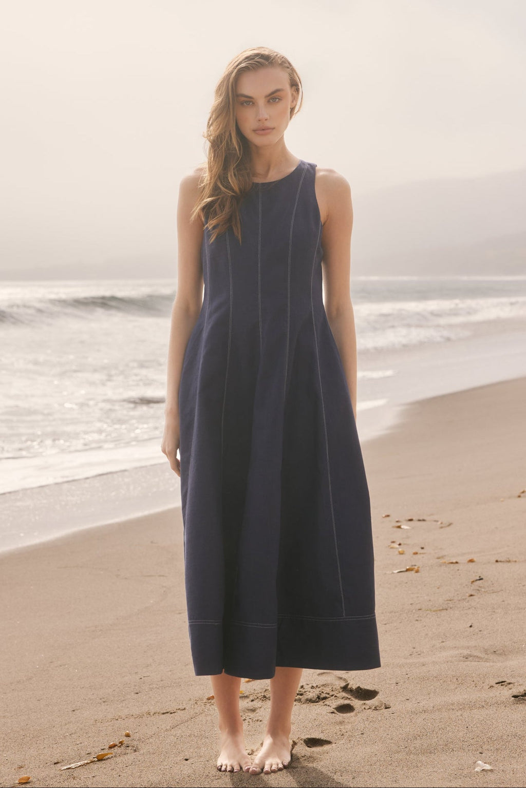 Linen Stitch Detail Midi Dress
