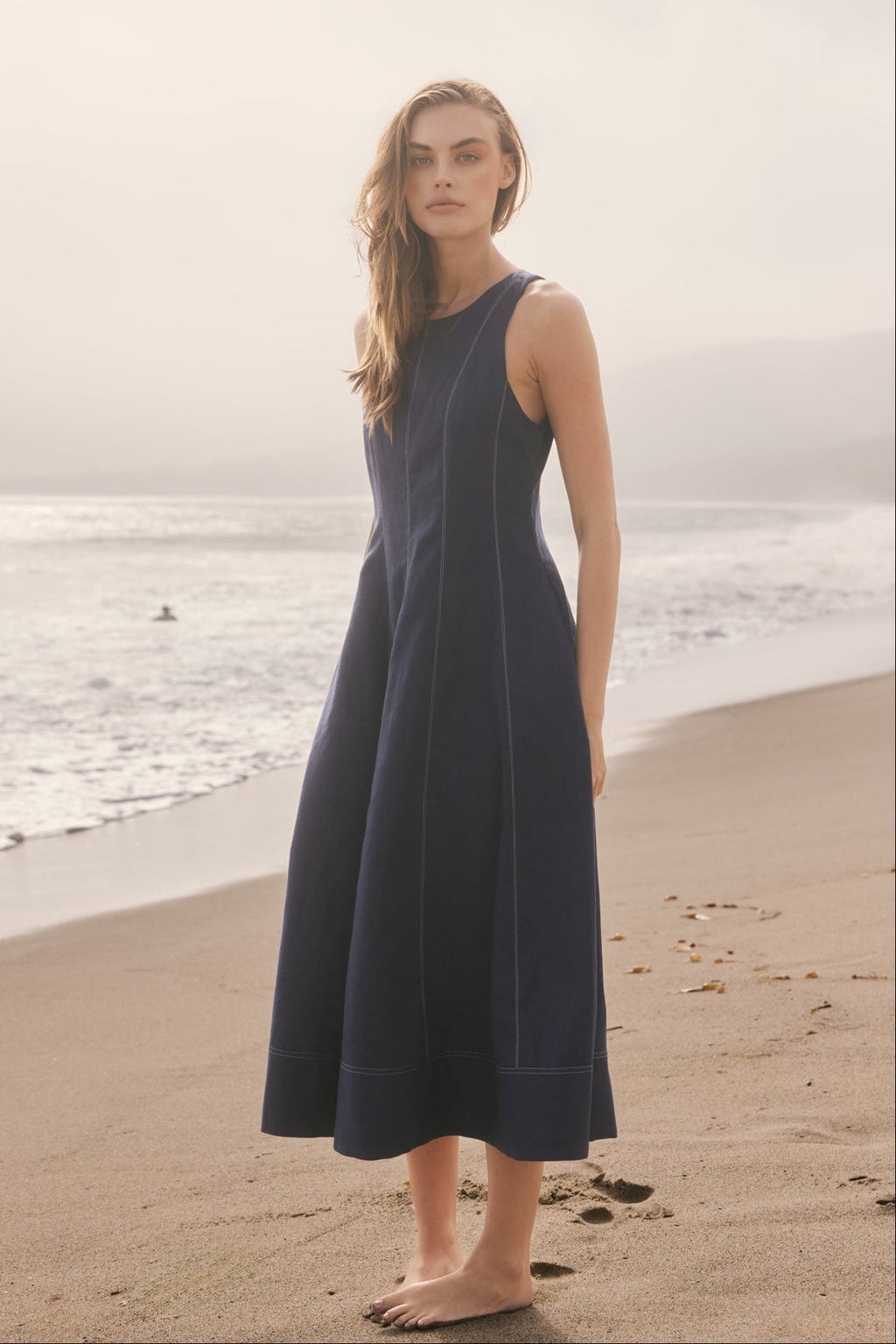 Linen Stitch Detail Midi Dress