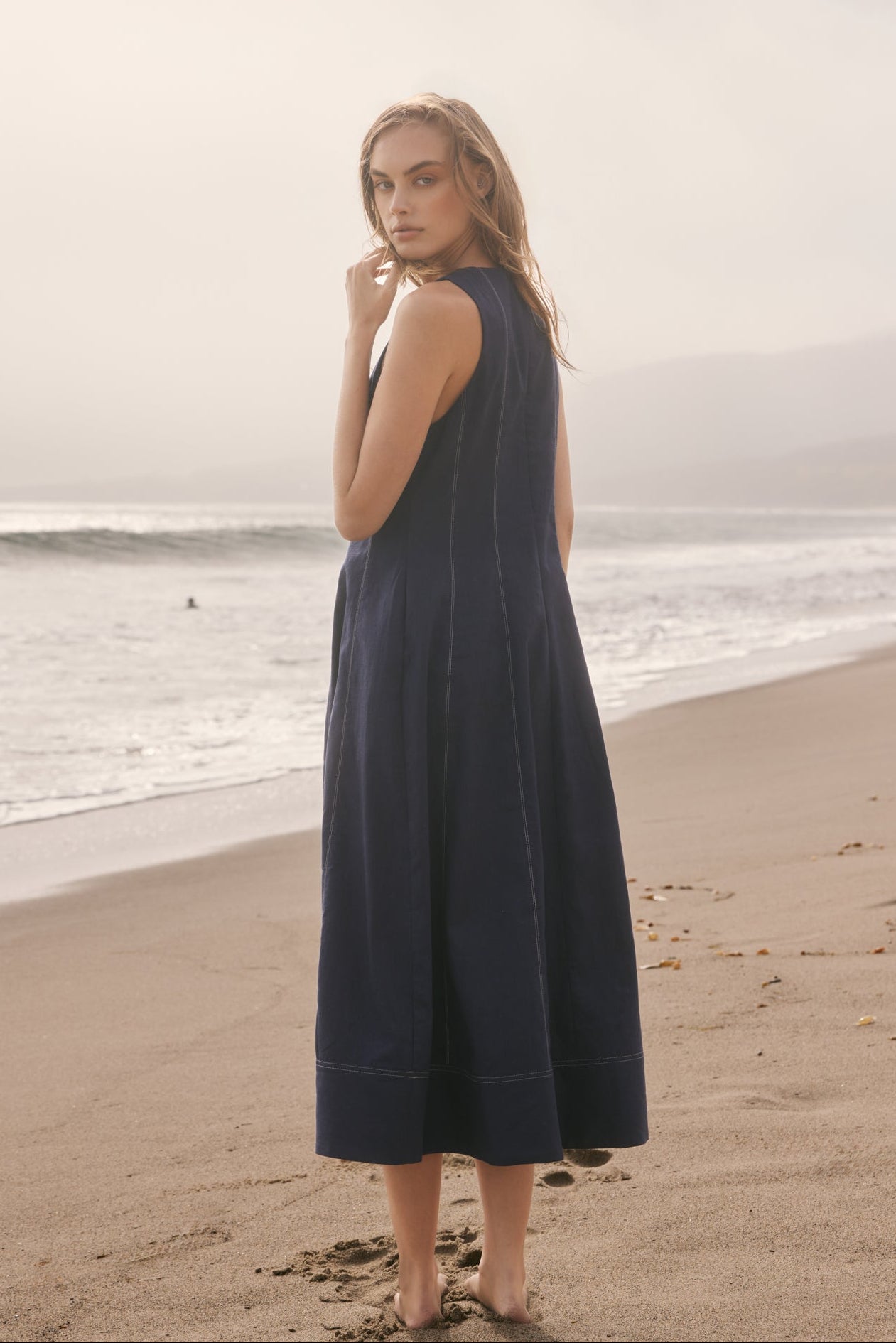 Linen Stitch Detail Midi Dress