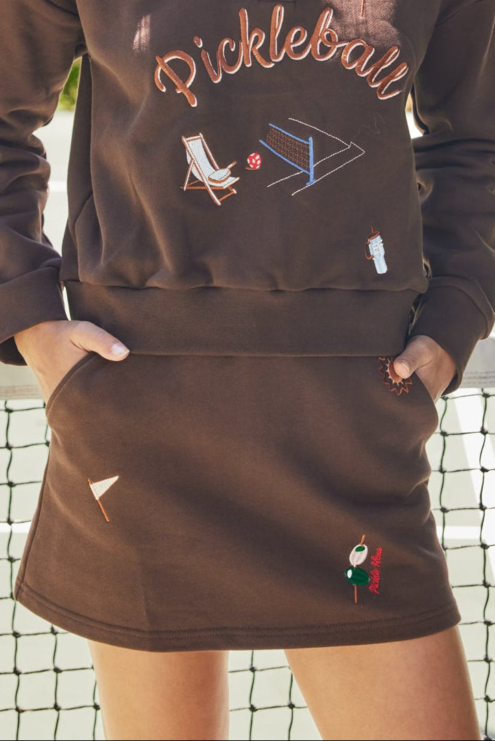 Embroidered Scuba Knit Pull-On Mini Skort with Pockets
