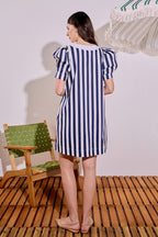 V-Neck Contrast Puff Sleeve Relaxed Mini Dress