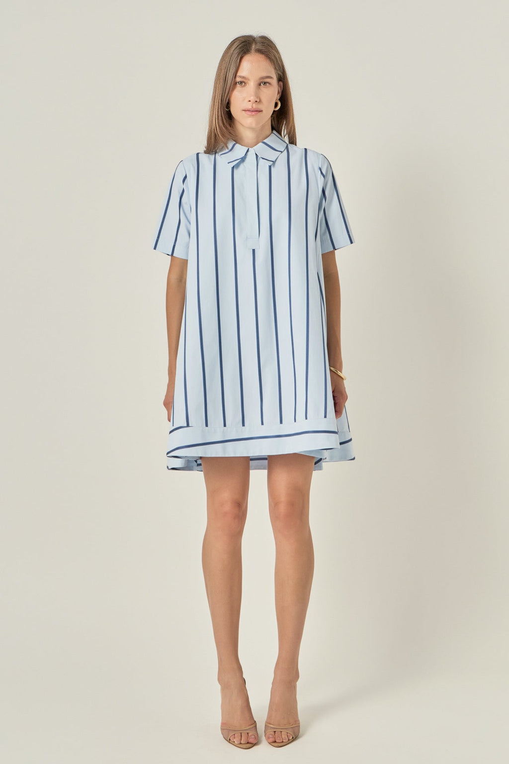 Striped Collar Button Placket Relaxed A-Line Shirt Dress
