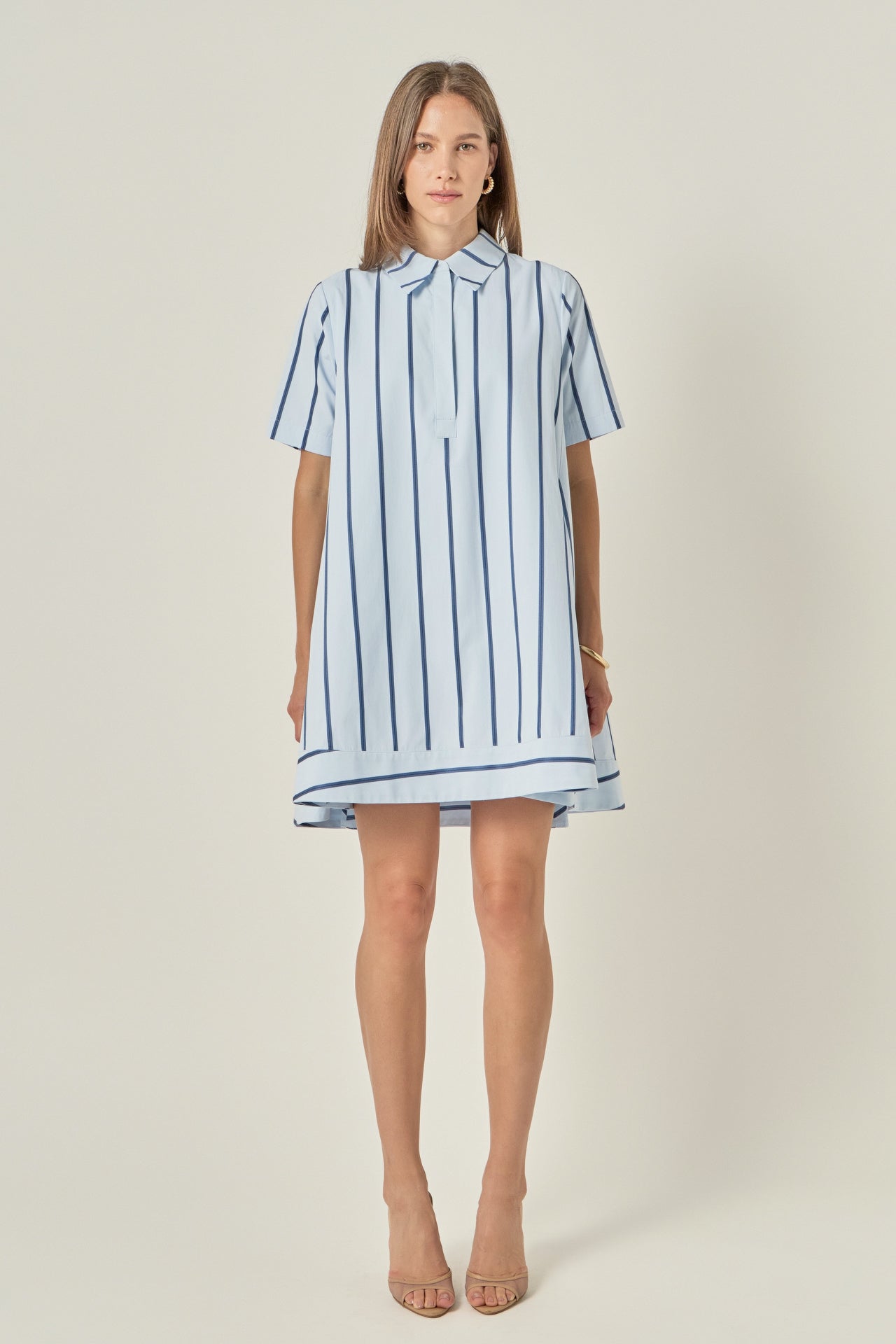 Striped Collar Button Placket Relaxed A-Line Shirt Dress