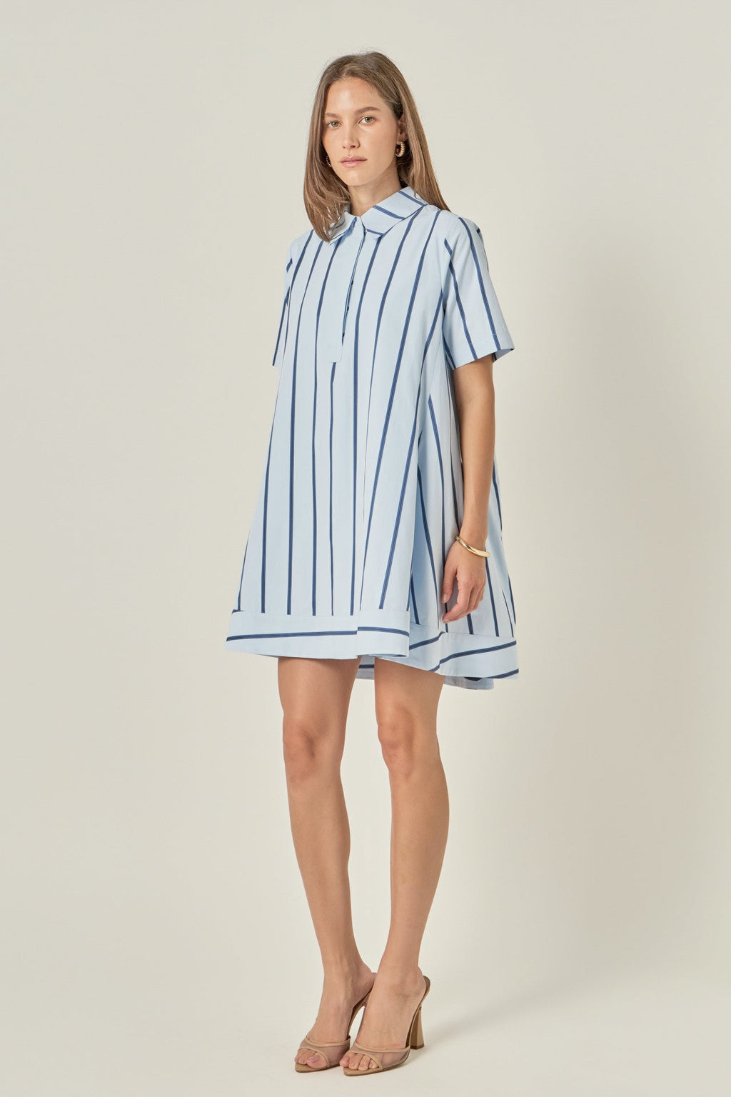 Striped Collar Button Placket Relaxed A-Line Shirt Dress