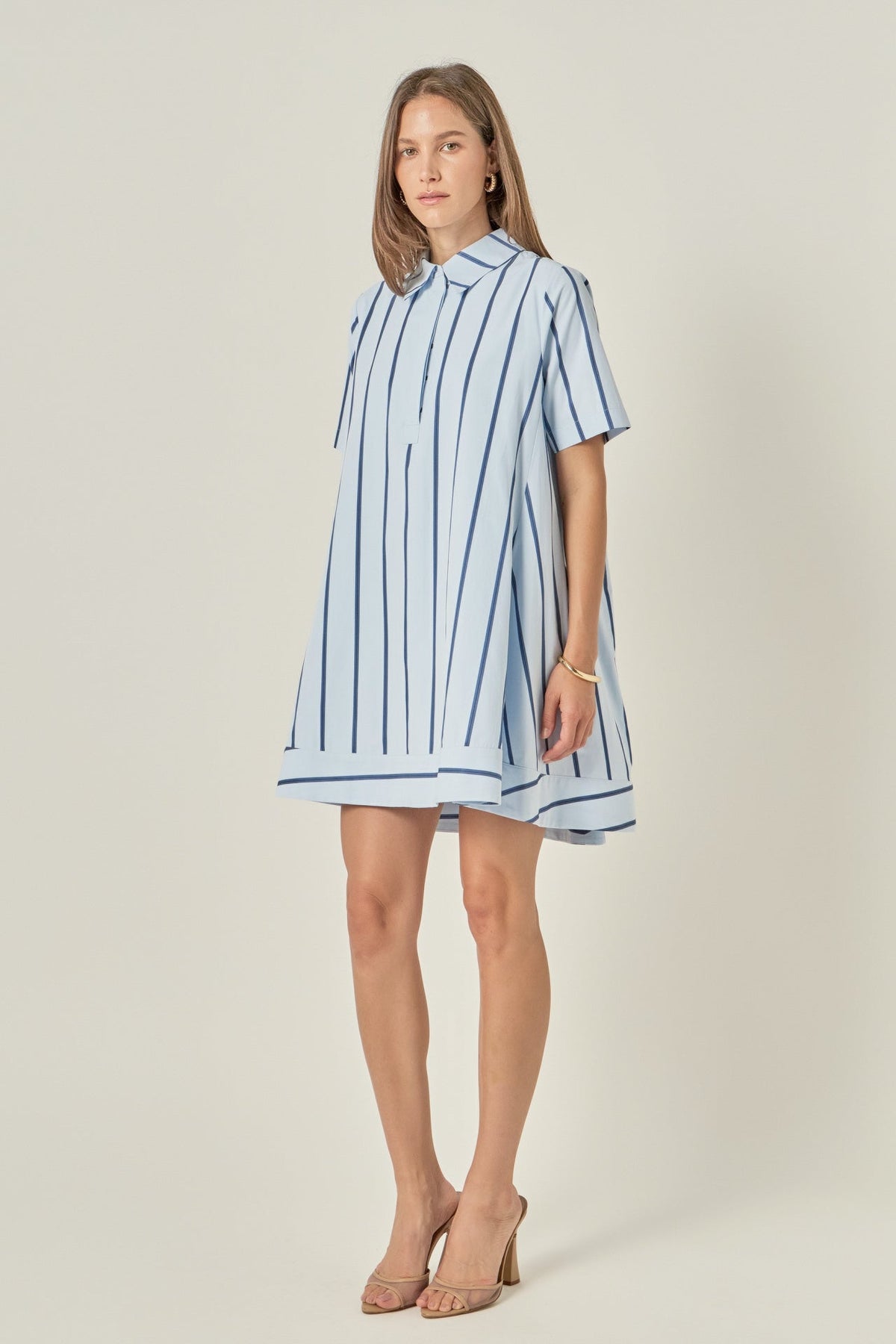 Striped Collar Button Placket Relaxed A-Line Shirt Dress