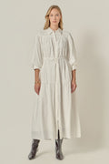 Collared V-Neck Puff Sleeve Drawstring Waist Maxi Shirt Dress
