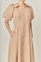 Collared V-Neck Puff Sleeve Button-Front Polyester Midi Dress