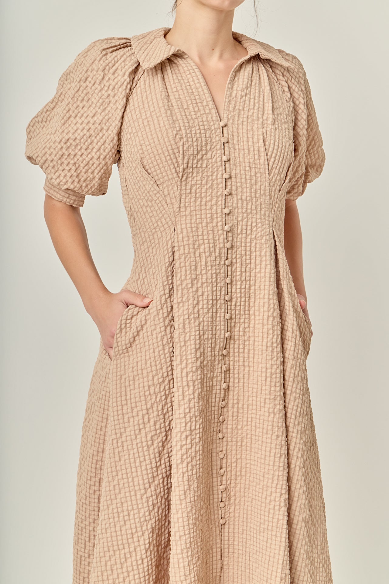 Collared V-Neck Puff Sleeve Button-Front Polyester Midi Dress
