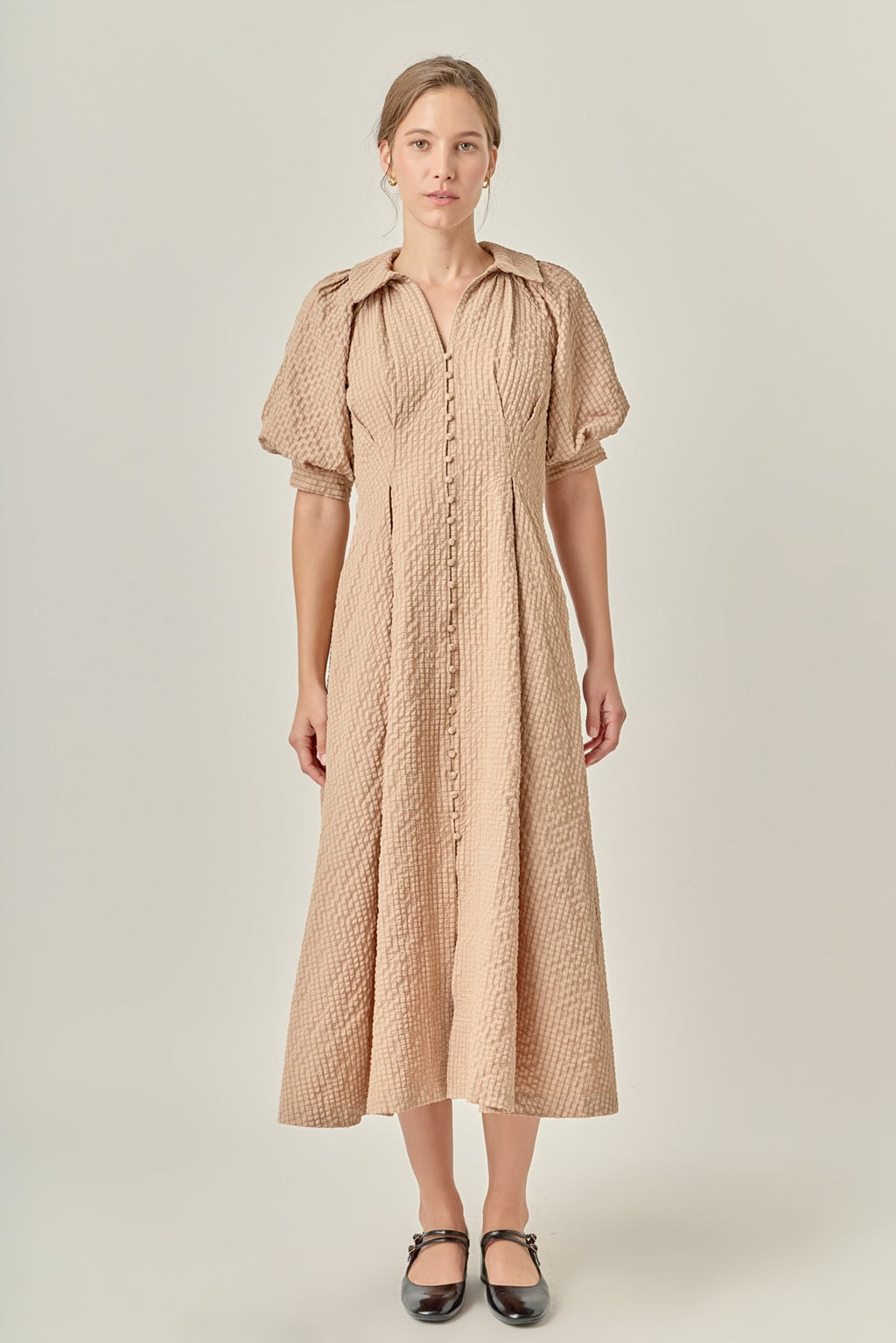 Collared V-Neck Puff Sleeve Button-Front Polyester Midi Dress