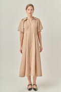 Collared V-Neck Puff Sleeve Button-Front Polyester Midi Dress