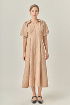 Collared V-Neck Puff Sleeve Button-Front Polyester Midi Dress