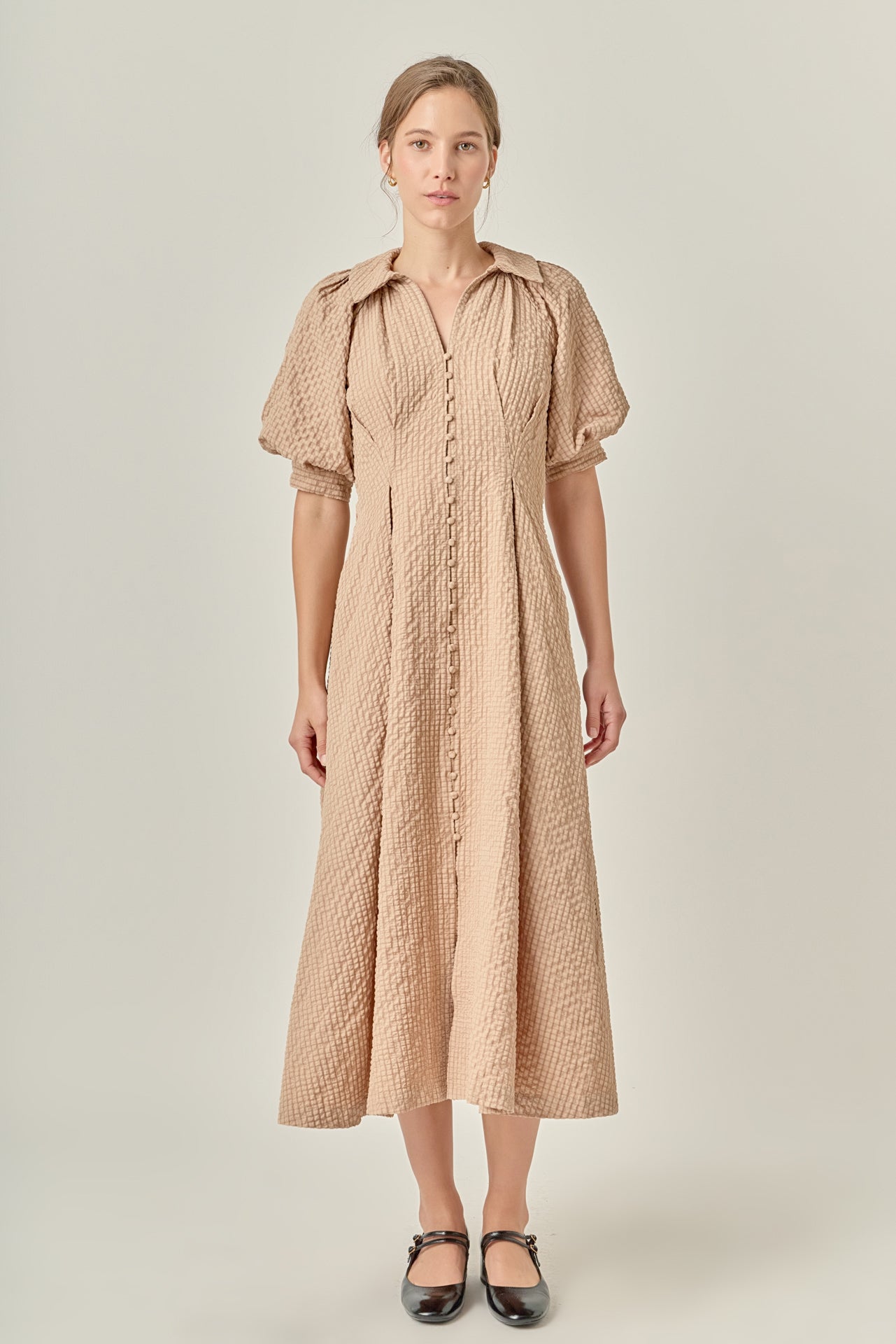 Collared V-Neck Puff Sleeve Button-Front Polyester Midi Dress