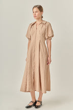 Collared V-Neck Puff Sleeve Button-Front Polyester Midi Dress