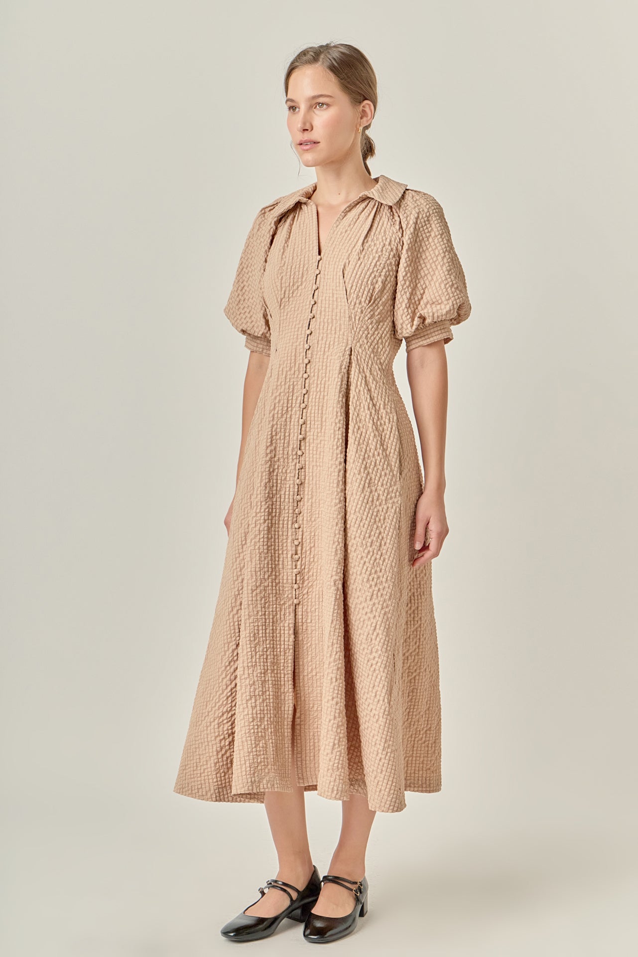 Collared V-Neck Puff Sleeve Button-Front Polyester Midi Dress