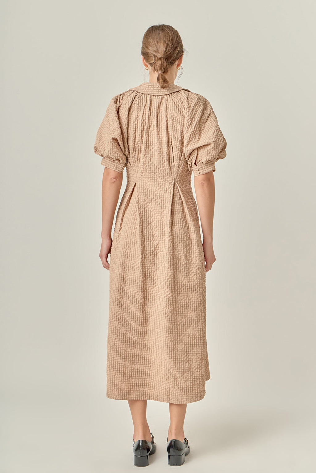 Collared V-Neck Puff Sleeve Button-Front Polyester Midi Dress