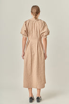 Collared V-Neck Puff Sleeve Button-Front Polyester Midi Dress