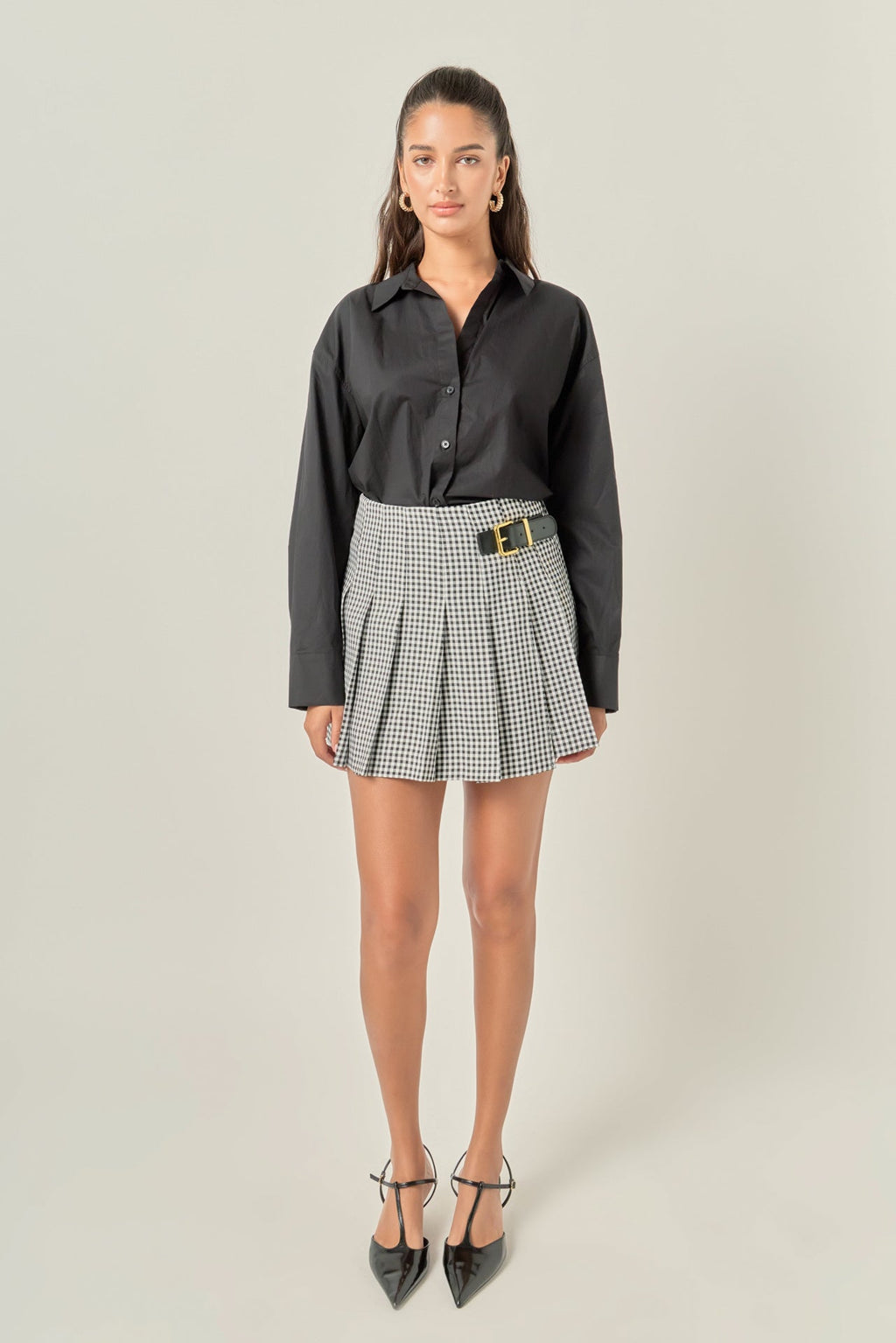 Gingham Check Pleated Belt Detail Mini Skort