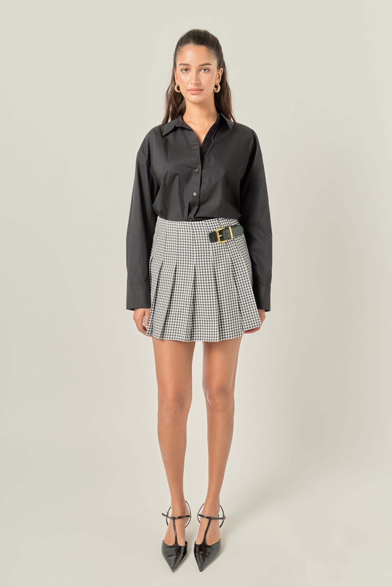 Gingham Check Pleated Belt Detail Mini Skort