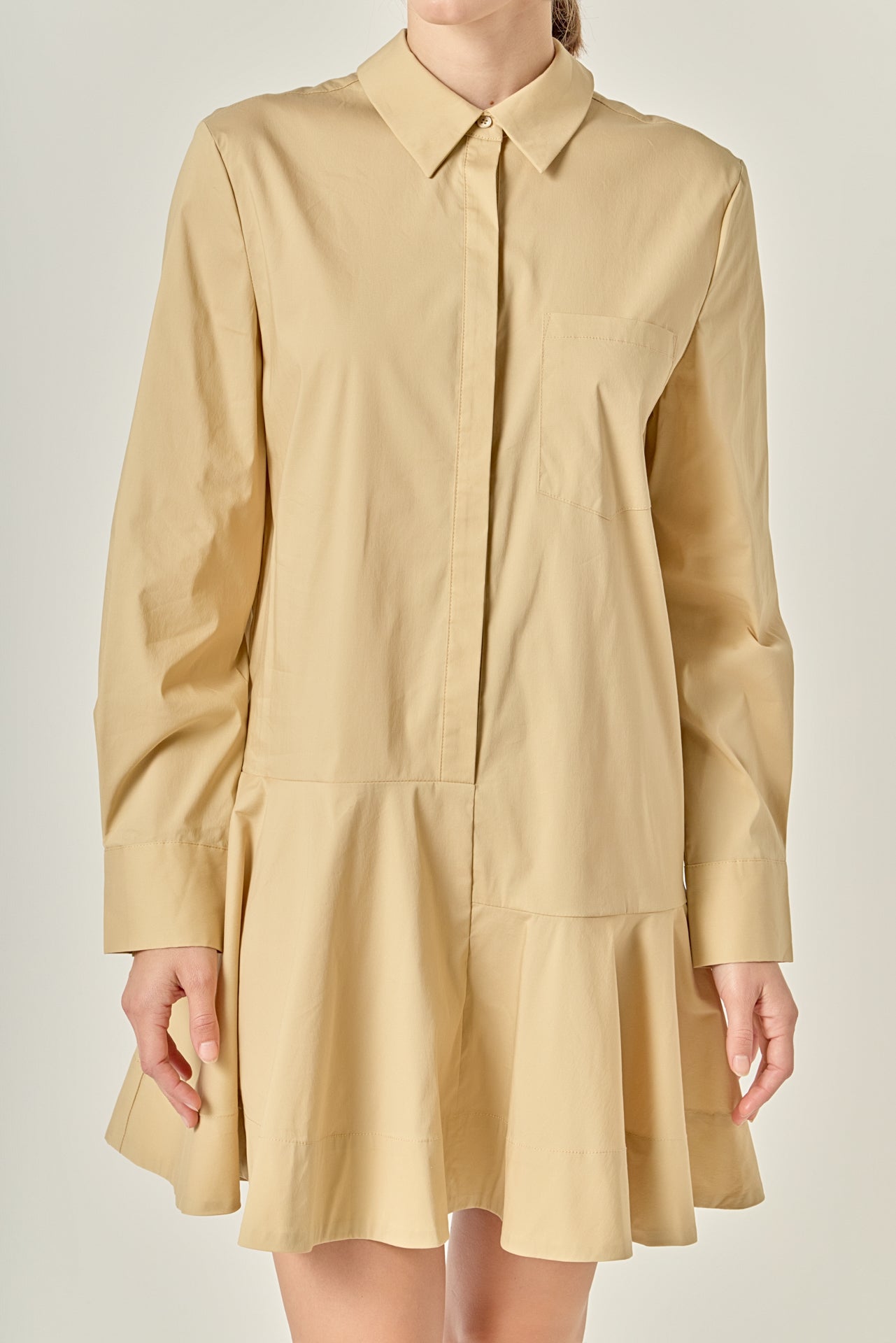 Collared Long Sleeve Flared Skirt Button-Front Mini Dress
