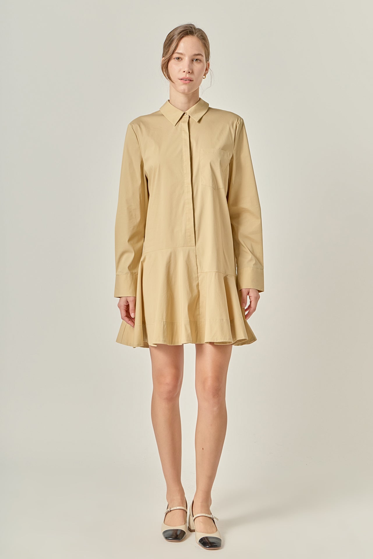 Collared Long Sleeve Flared Skirt Button-Front Mini Dress