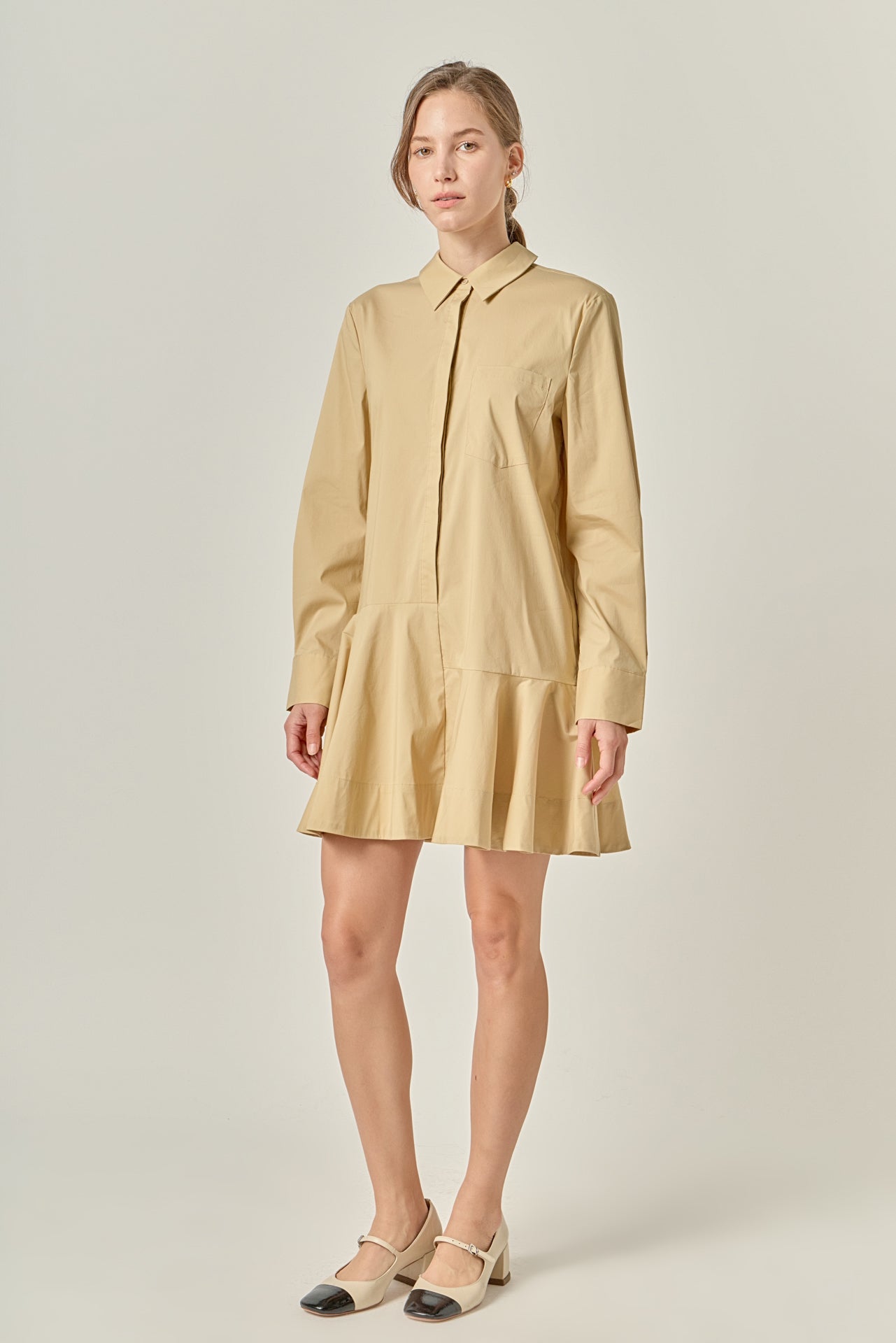 Collared Long Sleeve Flared Skirt Button-Front Mini Dress