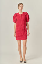 Round Neck Puff Sleeve Gold Button Smocked Mini Dress